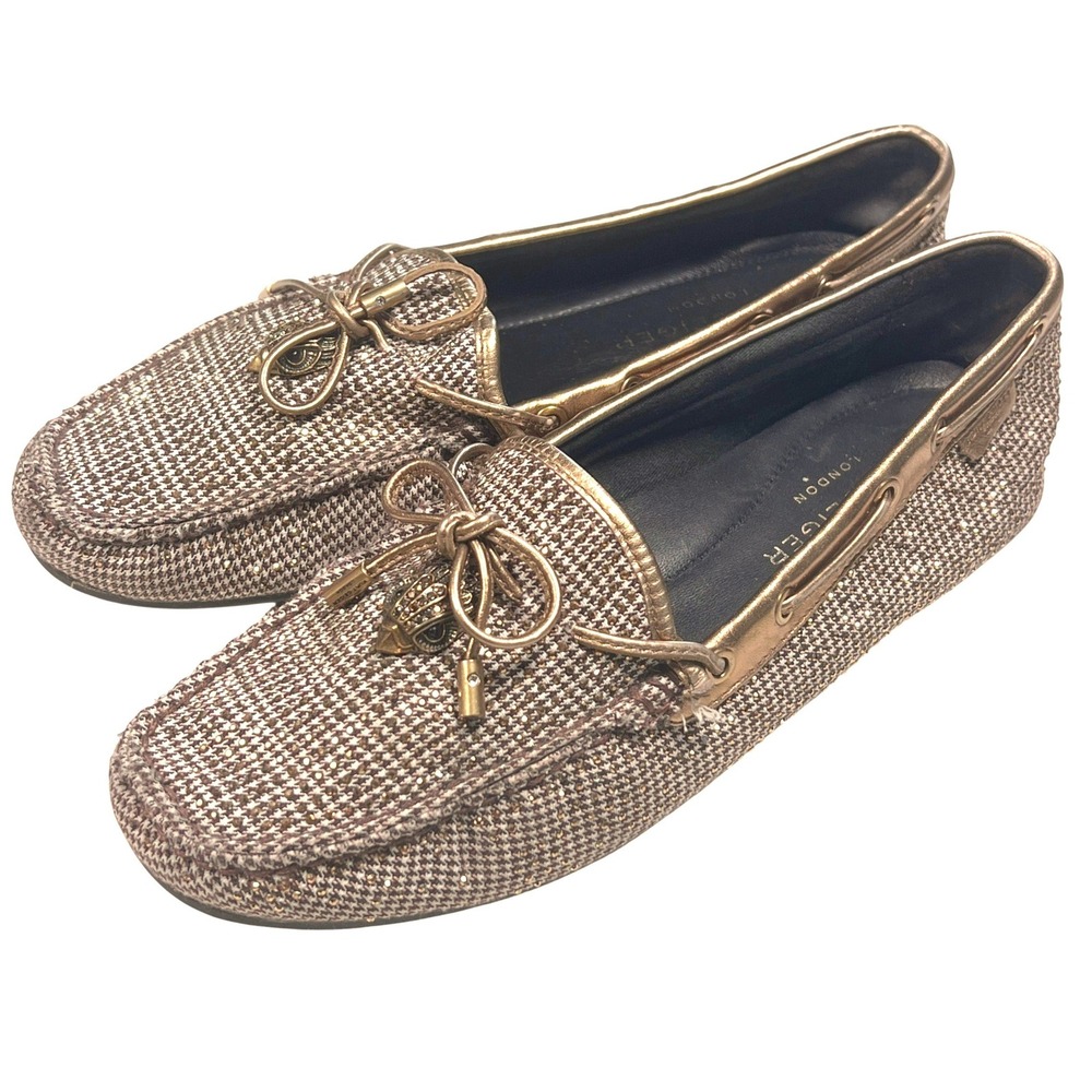 Kurt Geiger London Loafers Womens 41 Brown Houndstooth Gold Studded Eagle Head